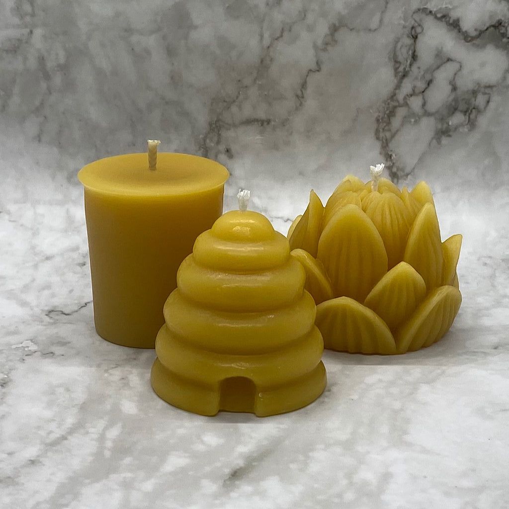 Beeshive votives, tea light candles, specialty candle, pure beeswax candle, honey candle, natural beeswax candle, healthy candle, candles good for allergies, candles good for asthma, beeswax pillar, natural candle, small beeswax candles